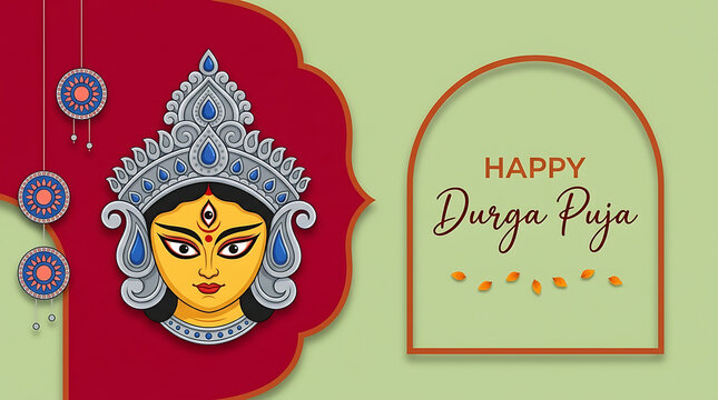 Modern durga puja festival banner with goddess durga face decorative ornaments floral petals and navratri celebration background in pastel green design illustration