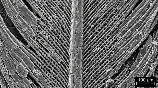 Scanning electron micrograph of a bird feather vane showing microscopic barb structure.