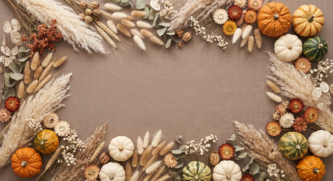 Bohemian autumn background with pumpkins dried flowers and pampas grass on linen fabric.