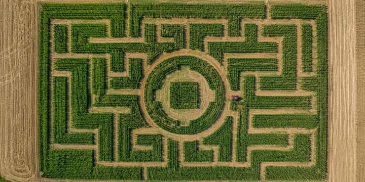 Top down aerial view of a large green corn maze with geometric paths, circular center and a small red tractor surrounded by harvested fields and dry tracks in a rural farm landscape