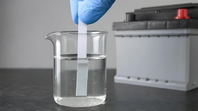 Battery acid test pH strip in beaker, electrolyte solution laboratory safety glove, liquid test strip experiment on dark surface