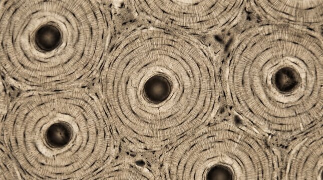 Microscopic view of compact bone tissue showing osteons and Haversian canals in cross section.