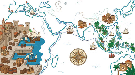 Fototapeta premium Historical World Map with Ancient Trade Routes.