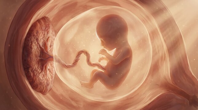 Human fetus developing inside the womb with placenta and umbilical cord medical illustration