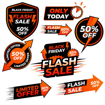 Flash sale and black friday badge collection. special discount promotion banners. modern promotional vector labels. commercial shopping graphic elements with discount promotion shopping