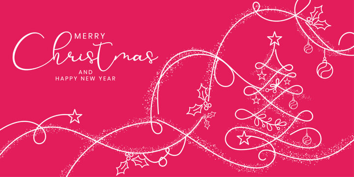 White christmas tree line art vector design. pink holiday greeting banner. minimal design festive background with christmas background celebration decoration seasonal greeting sparkles