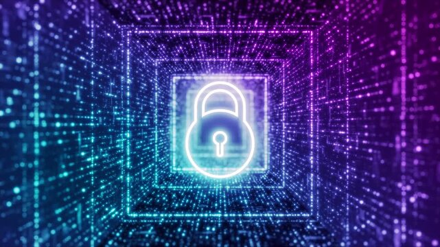 Motion graphic of a glowing padlock inside a futuristic digital tunnel, creating a secure connection concept for cybersecurity, network security, and data protection.
