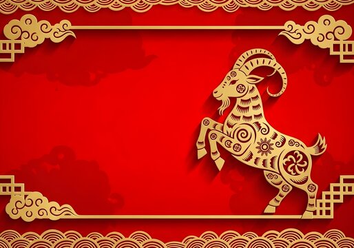 Chinese New Year background with golden goat zodiac sign on red paper cut style frame