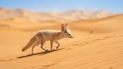 Fototapeta premium Fennec Fox Navigating Desert Dunes: A solitary fennec fox with its distinctive large ears treks across rippled sand dunes under a clear blue sky.