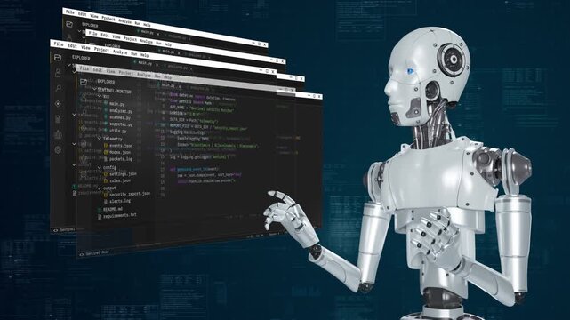 Motion graphic of an advanced humanoid robot navigating multiple floating screens of programming code, illustrating artificial intelligence, software development, and cybersecurity.