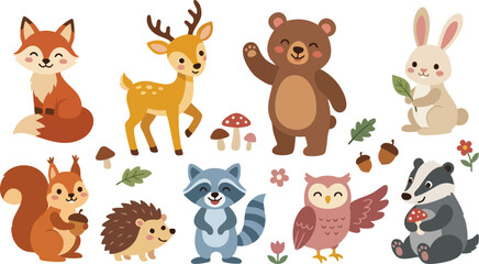 Fototapeta premium Cute Woodland Animal Character Collection with Fox Deer Bear Rabbit Squirrel Owl and Forest Elements