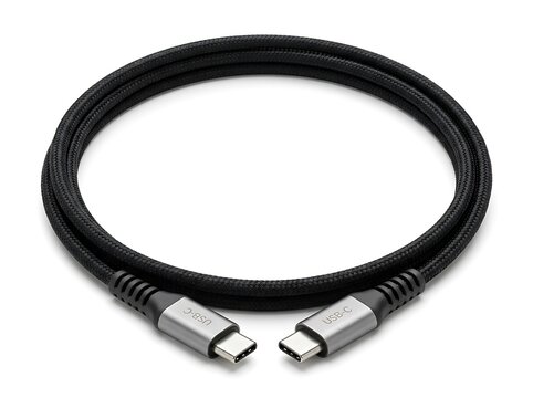 Black usb type c cable looped isolated on white background