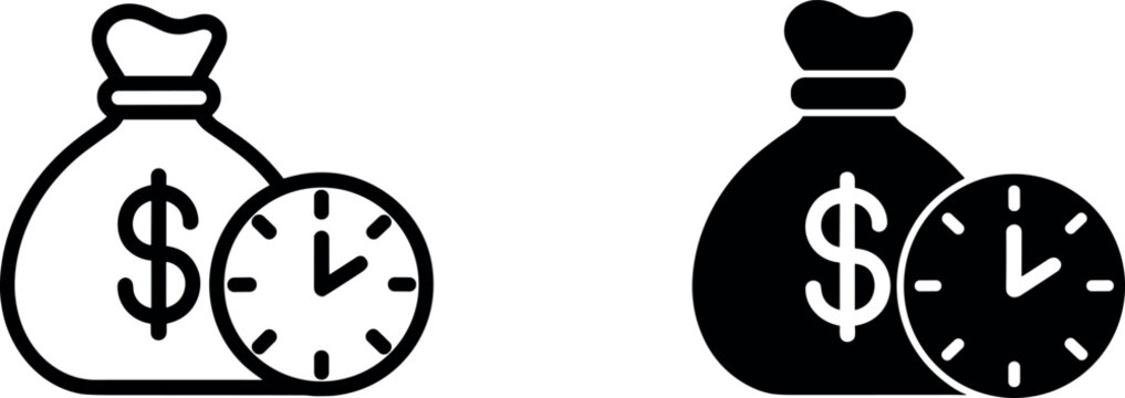 Money Bag with Clock Outline and Glyph Vector Icon Set Isolated on White Background Finance