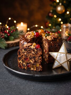 Gourmet Filipino Christmas Fruitcake Slice on Stoneware Dish with Capiz Shell Star