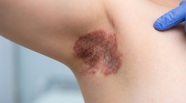 Close up of a skin rash in the underarm area being examined by a medical professional in gloves