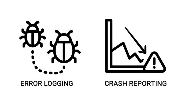 Error logging bugs and crash reporting downward chart line icons with reporting