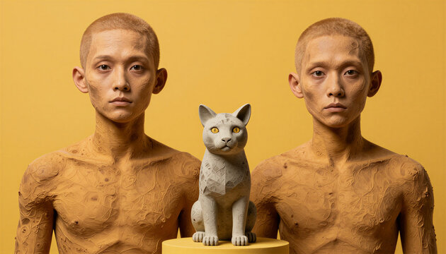 Two young men with carved body art and stone cat sculpture
