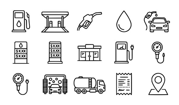 Gas station fuel service editable stroke line icon collection vector