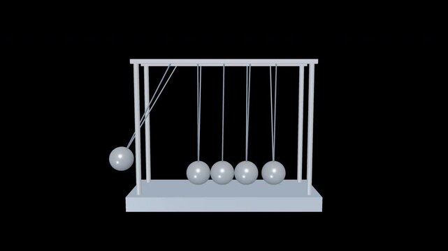 Minimalist Newton's cradle 3D animation isolated on transparent background, 16:9 widescreen swinging matte grey balls with alpha channel, seamless loop.