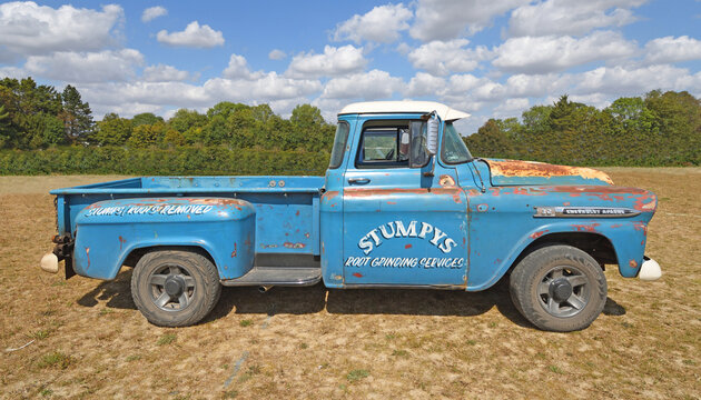 Classic Chevrolet Apache pickup truck with weathered blue finish and white lettering "Stumpy's Root Grinding Services".