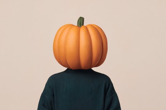 Person with pumpkin on head stands against a neutral background