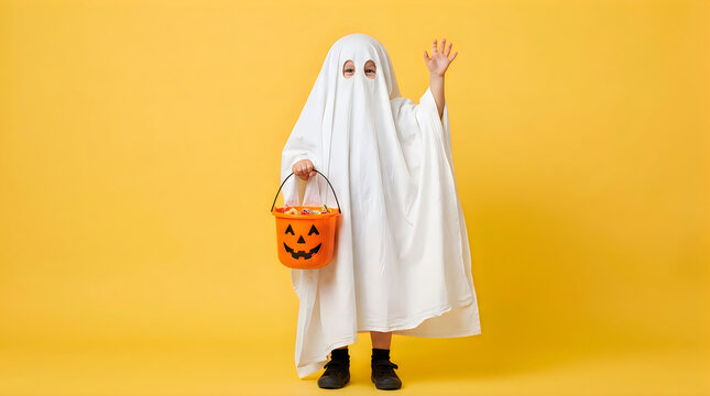 Adorable child dressed as a ghost for halloween holding a pumpkin trick or treat bucket