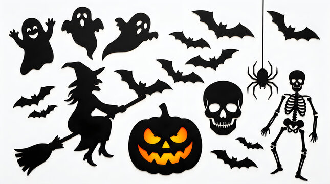 Spooky halloween silhouettes featuring ghosts witches skeletons bats and a jack o lantern