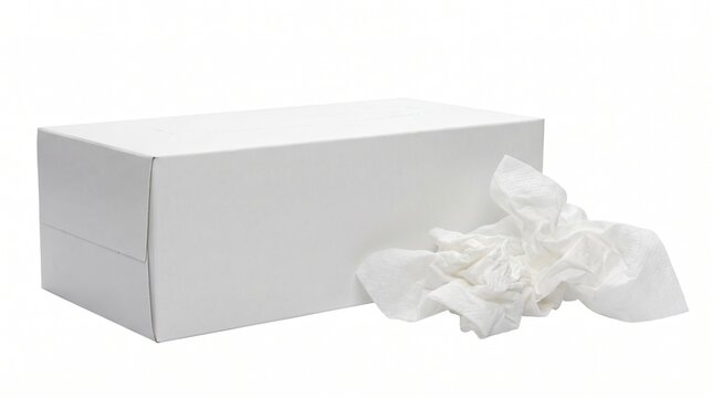 A blank white rectangular tissue box mockup sits beside crumpled soft paper tissues on a white background.