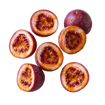 Passion fruit cut in half, showing the seeds and pulp, isolated on white background from