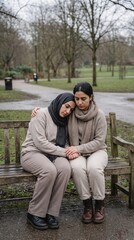 Fototapeta premium Two women sitting on a wooden park bench in a park, one comforting the other with a supportive hand on her shoulder.