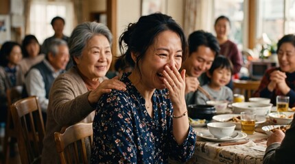 Obraz premium A multi-generational Asian family shares a joyful meal together at a dining table in a home setting.
