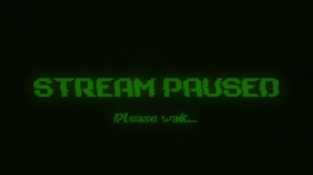 Stream paused, please wait message with retro pixelated glitch effect on a vintage screen