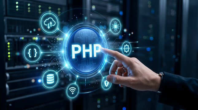 Hand touching digital php programming language interface in server room