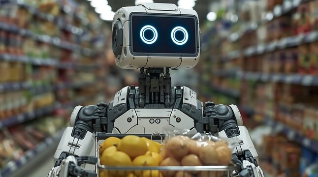 Autonomous service robot pushing a shopping cart through grocery store aisles with fresh products