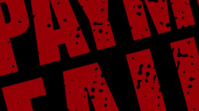 Red rubber stamp with payment failed text and cross mark stamping down and zooming in with grunge texture motion