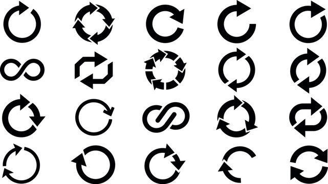 Collection of black circular arrows and infinity symbols on a white background
