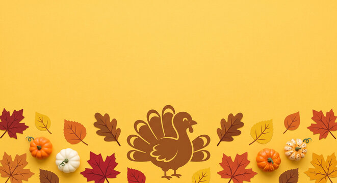 Paper craft turkey character with autumn leaves and mini pumpkins on vibrant gold surface.