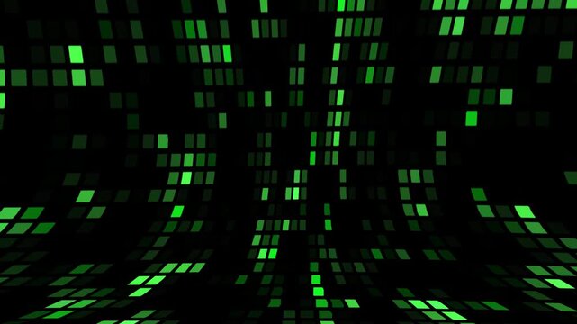 Flowing digital grid of glowing green pixels creating a technology network background