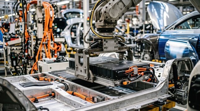 Robotic arm lowering a battery pack into an electric vehicle floorpan with orange high-voltage cables and reflective body panels.