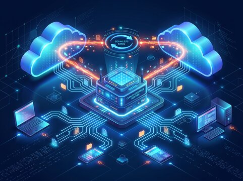Isometric microchip processor circuit connected to cloud data network and electronic tech hardware devices concept