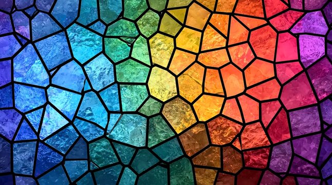 Vibrant stained glass mosaic pattern with colorful rainbow spectrum stones and dark grout lines