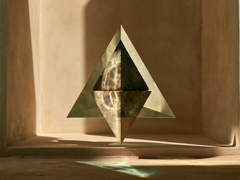 A floating geometric pyramid sculpture made of green marble and glass, positioned inside a beige alcove with soft natural sunlight and shadows