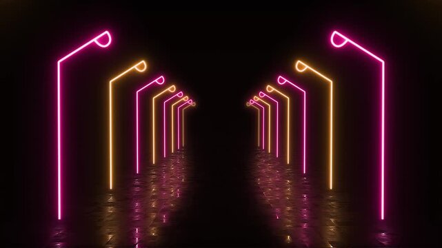 Neon light tunnel loop, futuristic pathway with vibrant orange and pink streetlights