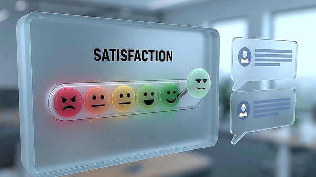 Customer satisfaction rating scale with feedback emoticons and chat bubbles on screen