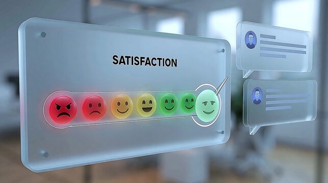 Customer satisfaction meter with smiley faces and feedback interface in office interior