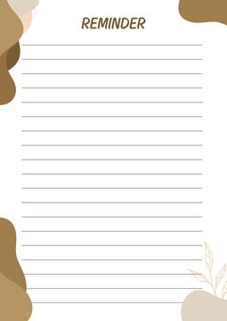 Minimalist Boho Reminder Notes Printable A4 - Abstract Brown Blob Lined Writing Paper with Botanical Line Art, Organic Shapes and Reminder Header for Journaling, To-Do List and Office Notes