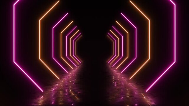 Futuristic neon hexagon tunnel loop with reflective floor for events and digital content