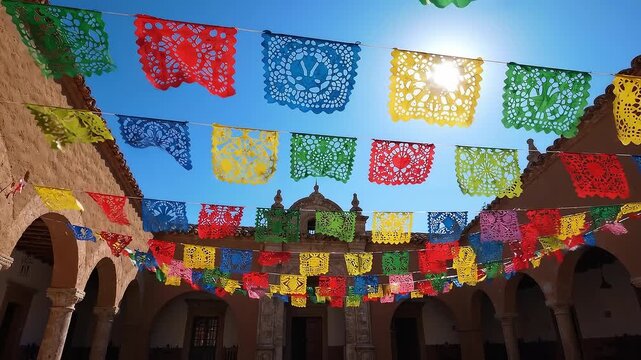 Vibrant papel picado banners hang across a traditional Mexican courtyard under a bright sun. A festive atmosphere for Dia de los Muertos celebrations. Ideal for travel or cultural content.