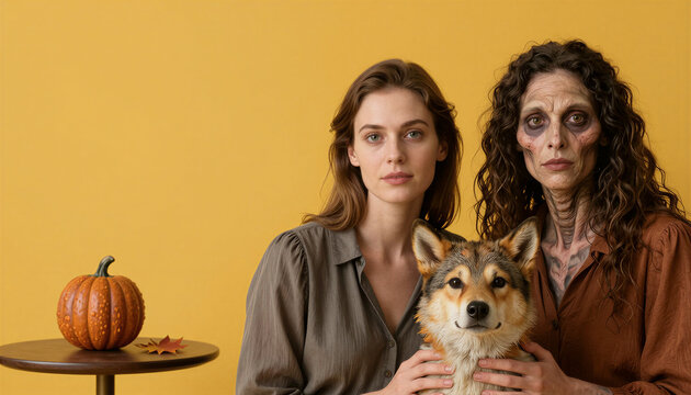 Young woman and zombie character holding a dog and pumpkin