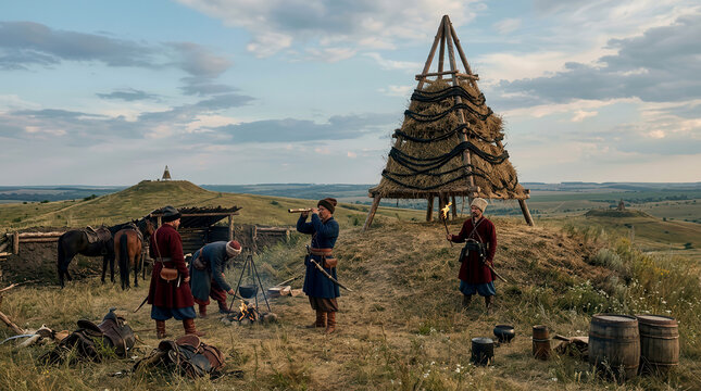 Cossack warriors in traditional clothing camping on a grassy hill with horses and a bonfire